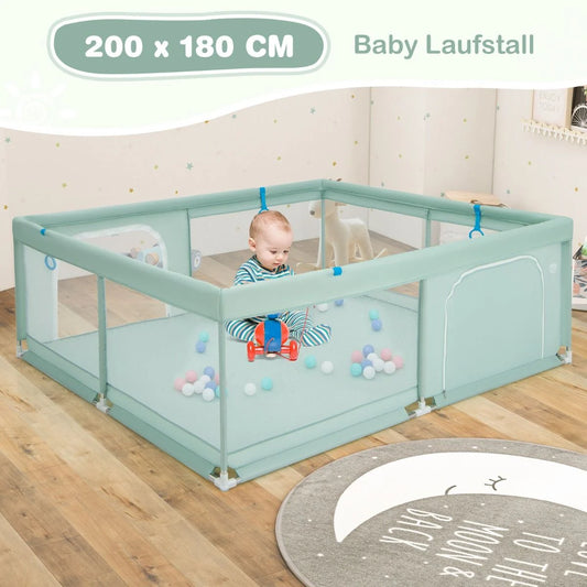 200 X 180 Cm Baby Laufstall Mit 50 Ozeanbällen & 4 Griffen & Tür Laufgitter Krabbelgitter Grün