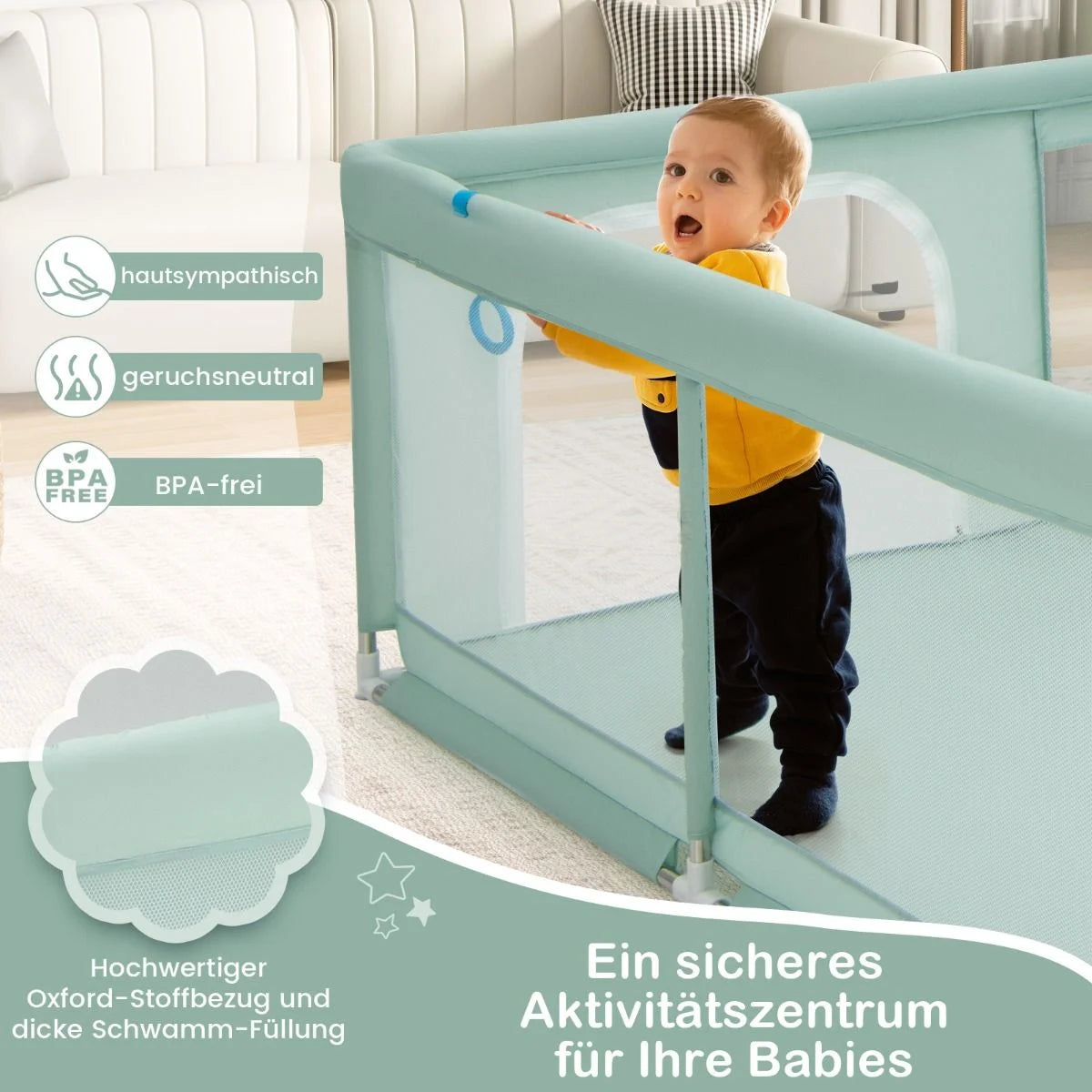 200 X 180 Cm Baby Laufstall Mit 50 Ozeanbällen & 4 Griffen & Tür Laufgitter Krabbelgitter Grün