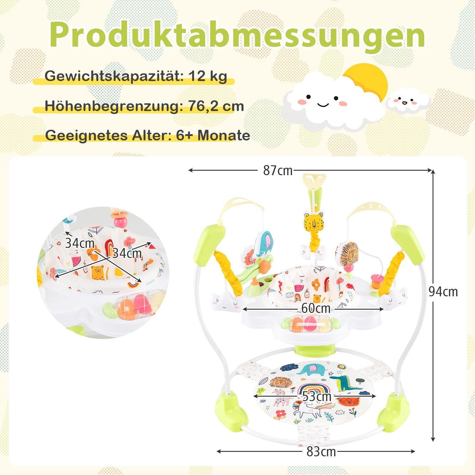 Baby Hopser Baby Sky Jumperoo Lauflernhilfe Verstellbar + Spielzeuge & Spieluhr