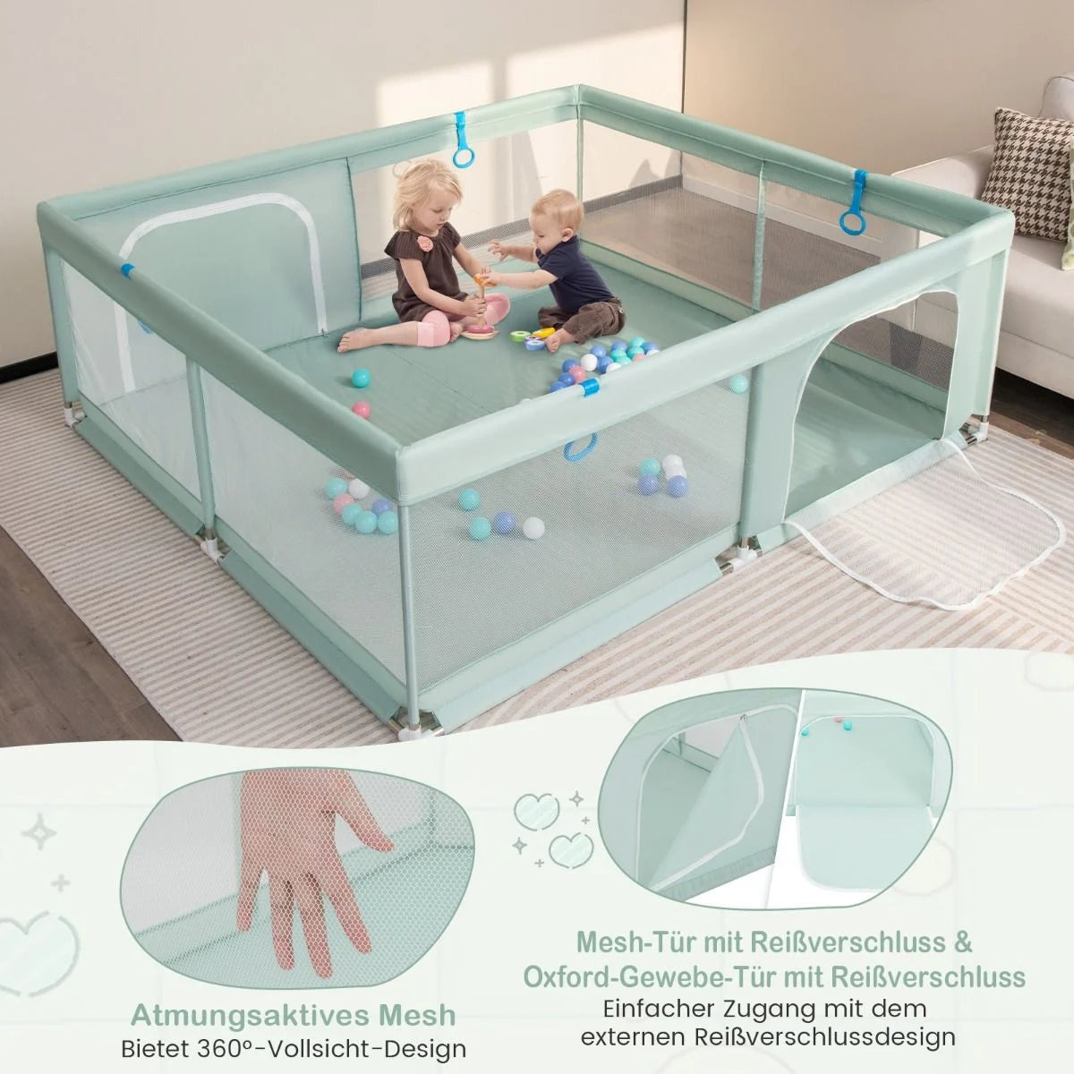 200 X 180 Cm Baby Laufstall Mit 50 Ozeanbällen & 4 Griffen & Tür Laufgitter Krabbelgitter Grün