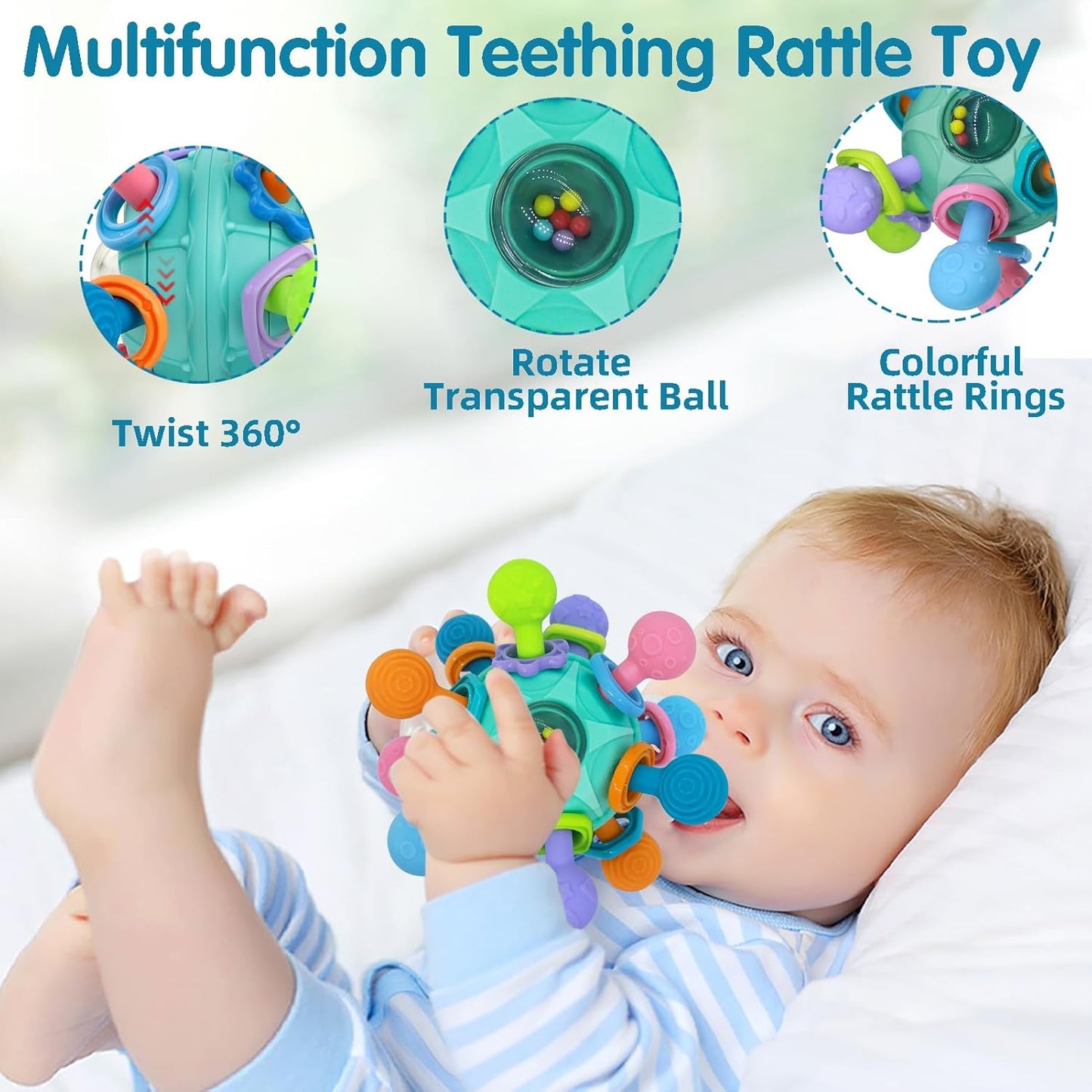 Baby Spielzeug Ab 3 Monate, Sensorik Beißspielzeug,Babyspielzeug 0-6 Monate Mit Shaker/Grab/Spin, Montessori Greifball Für Babys, Baby Geschenk Ab 0 4 6 9 Monate (Blau)