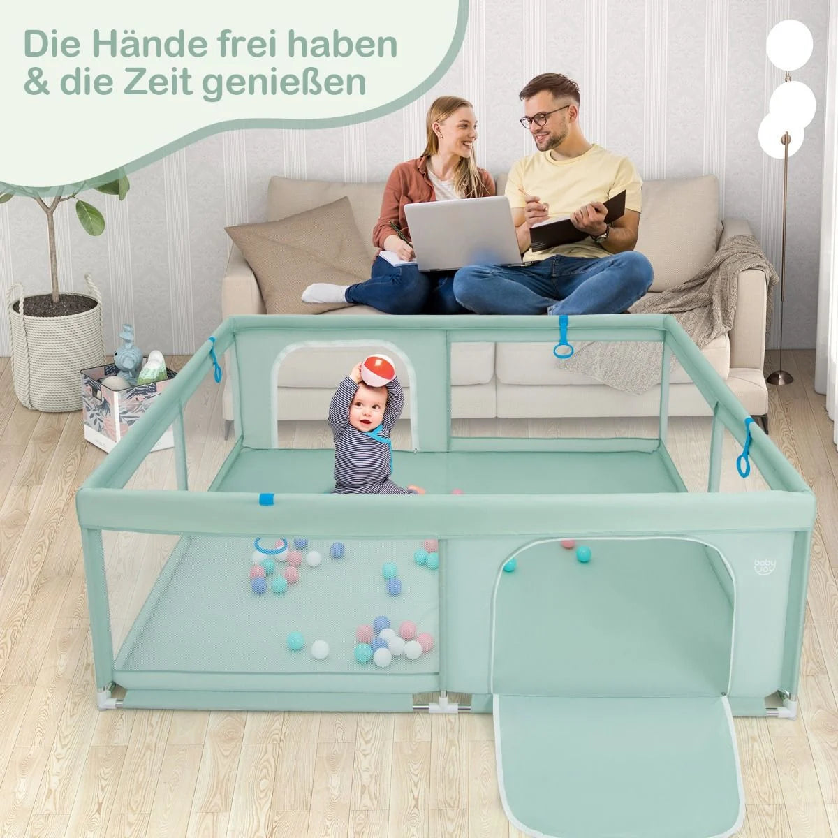 200 X 180 Cm Baby Laufstall Mit 50 Ozeanbällen & 4 Griffen & Tür Laufgitter Krabbelgitter Grün