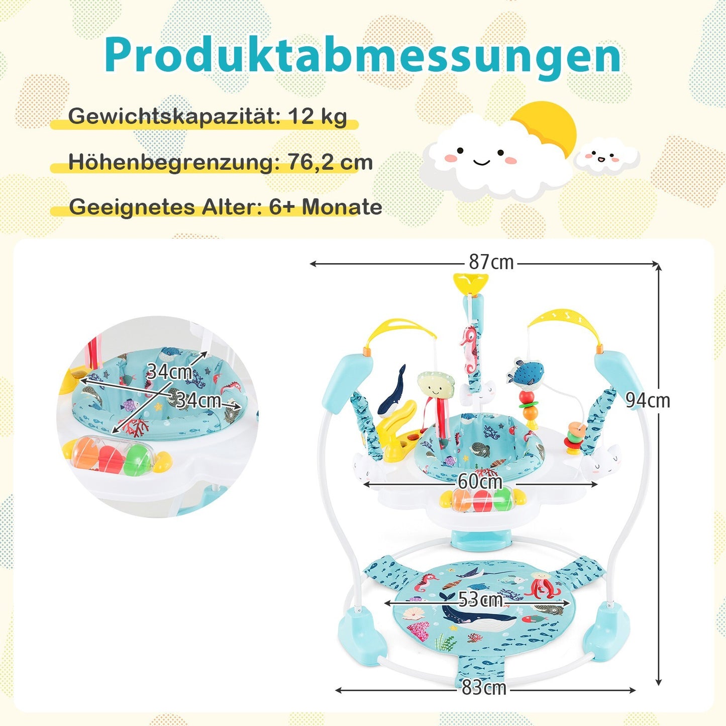 Baby Hopser Baby Sky Jumperoo Lauflernhilfe Verstellbar + Spielzeuge & Spieluhr