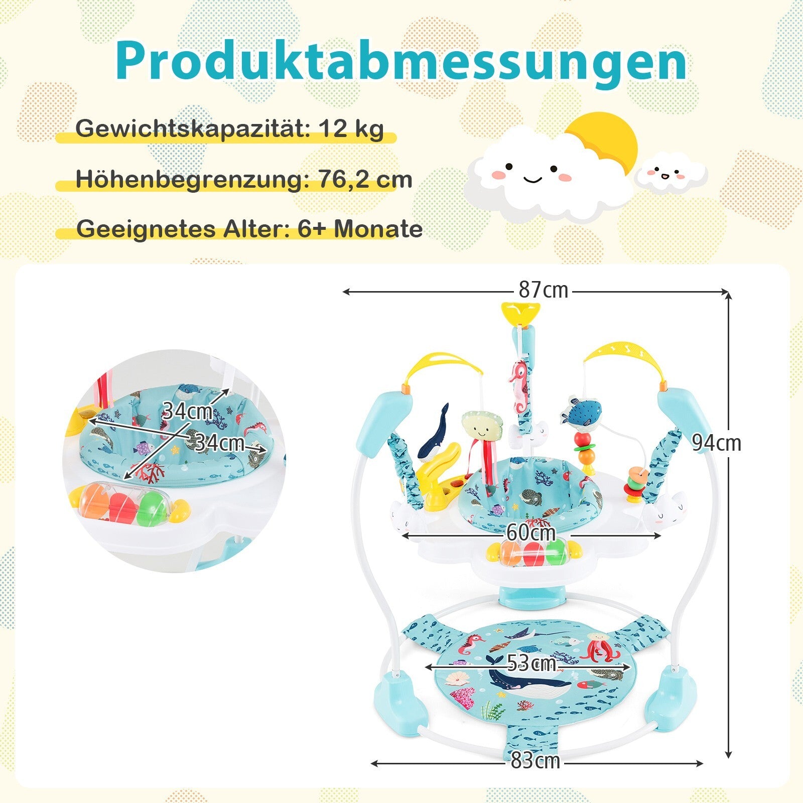 Baby Hopser Baby Sky Jumperoo Lauflernhilfe Verstellbar + Spielzeuge & Spieluhr