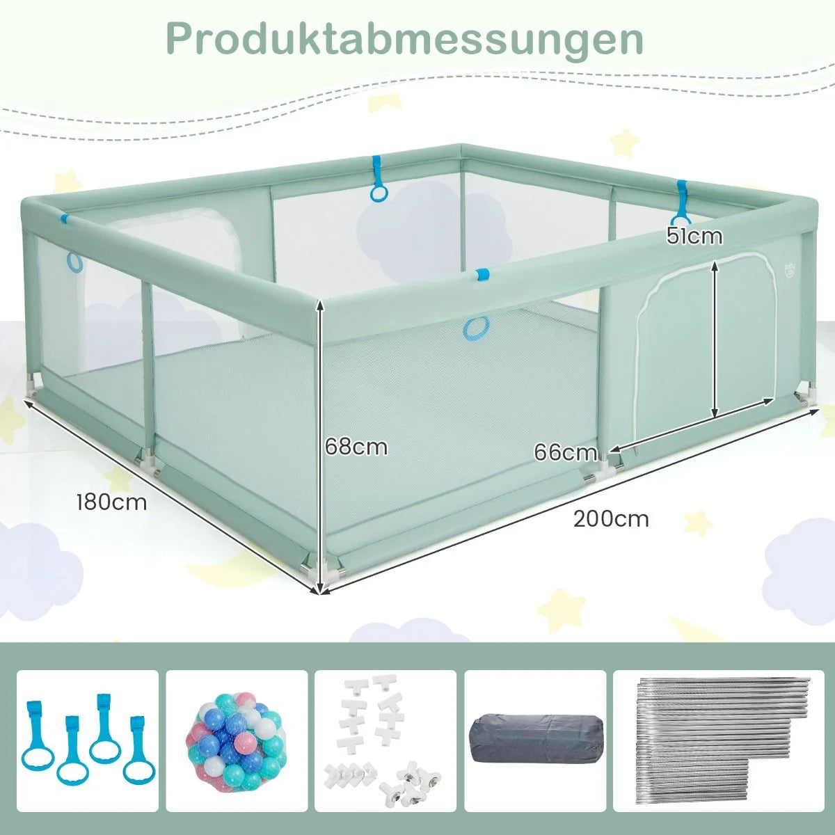 200 X 180 Cm Baby Laufstall Mit 50 Ozeanbällen & 4 Griffen & Tür Laufgitter Krabbelgitter Grün