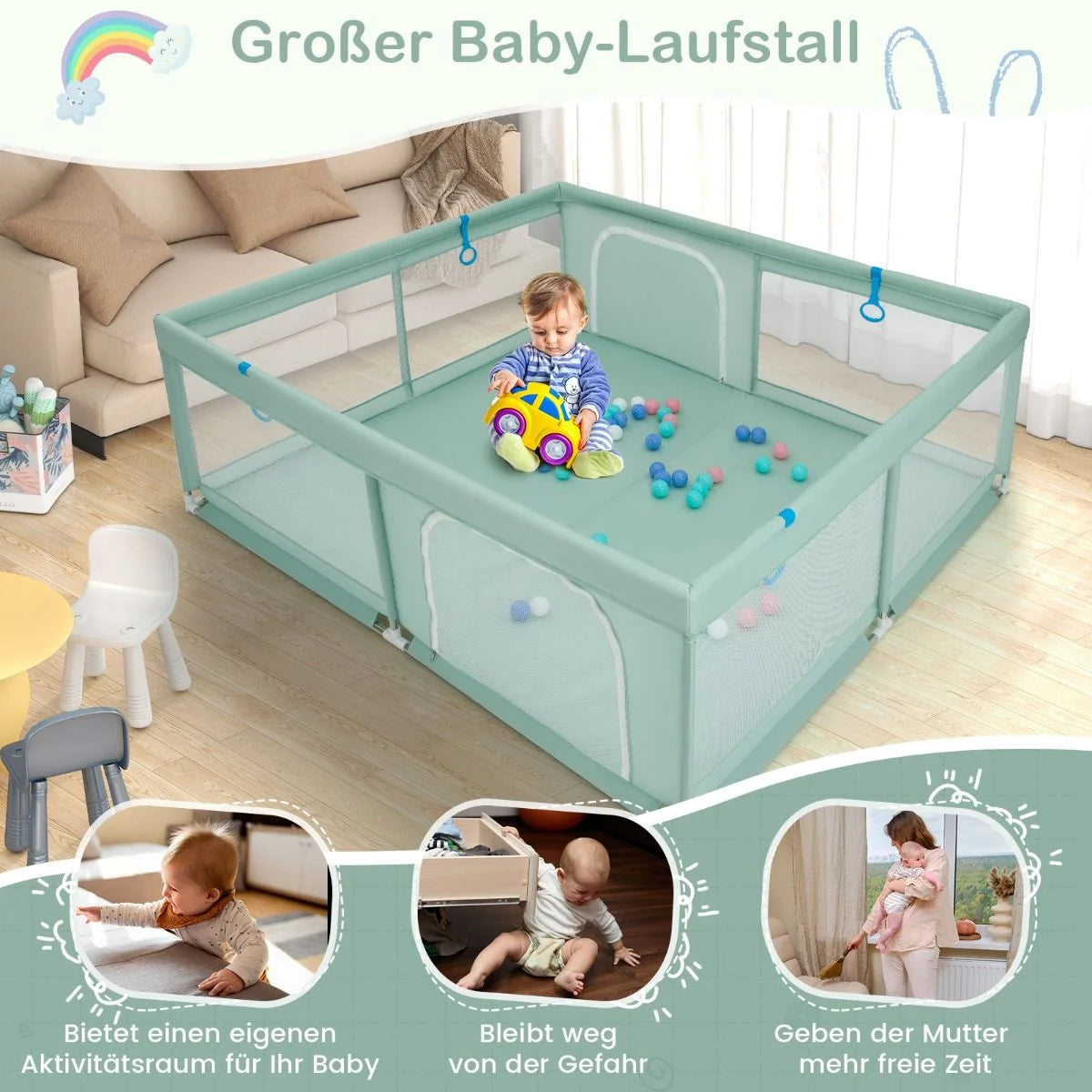 200 X 180 Cm Baby Laufstall Mit 50 Ozeanbällen & 4 Griffen & Tür Laufgitter Krabbelgitter Grün