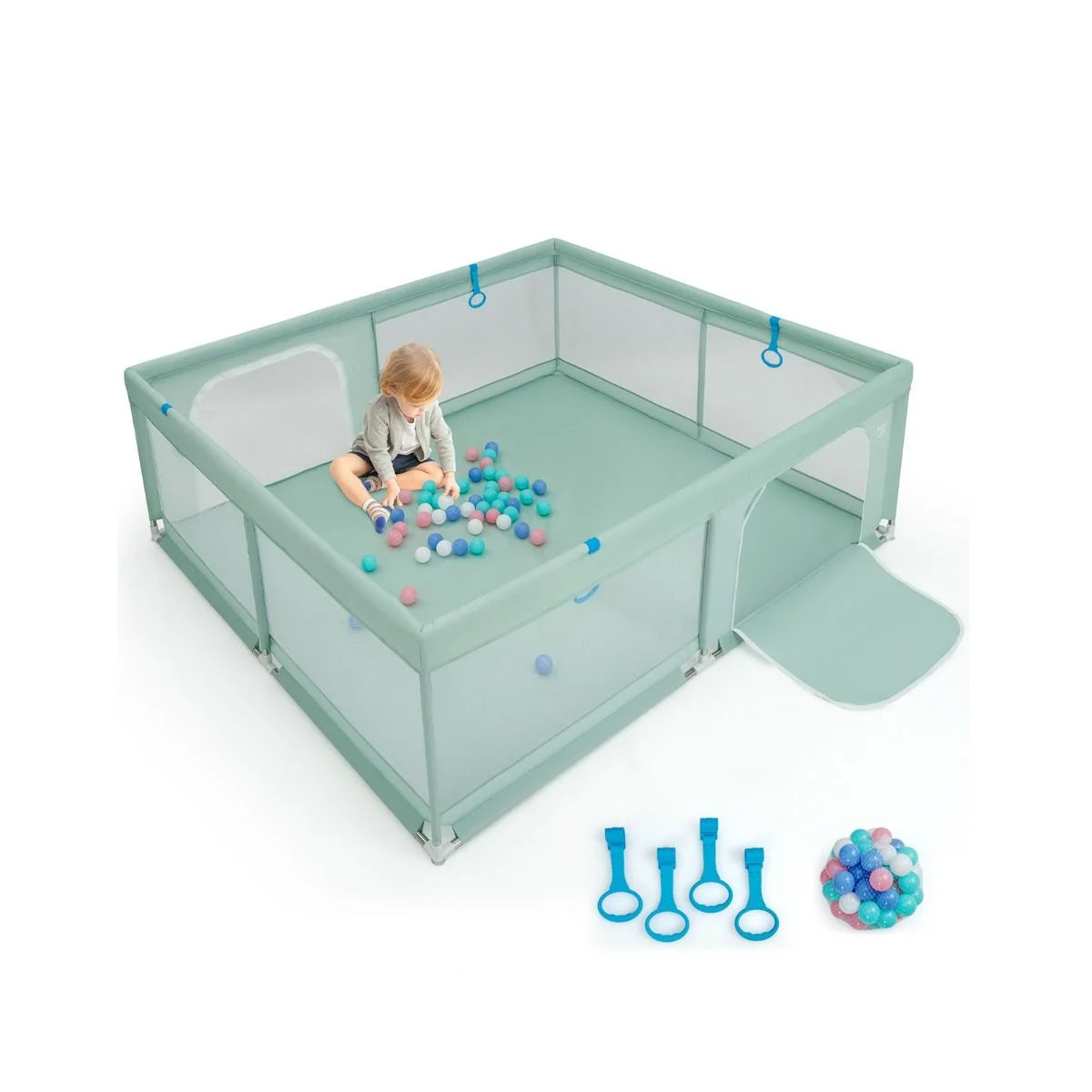 200 X 180 Cm Baby Laufstall Mit 50 Ozeanbällen & 4 Griffen & Tür Laufgitter Krabbelgitter Grün