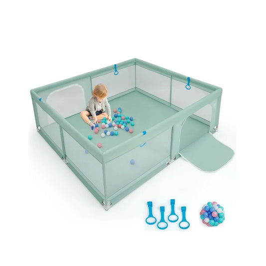 200 X 180 Cm Baby Laufstall Mit 50 Ozeanbällen & 4 Griffen & Tür Laufgitter Krabbelgitter Grün