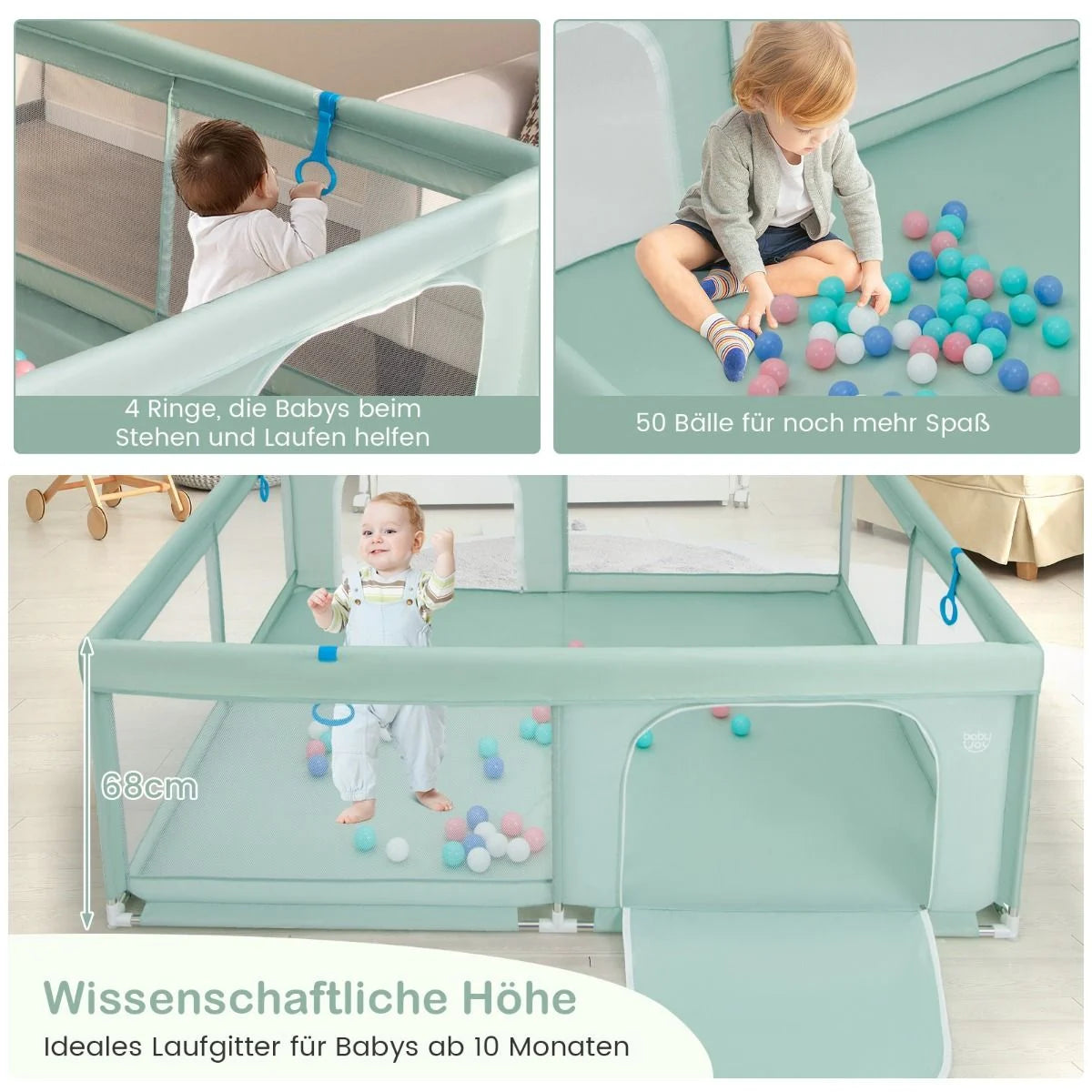 200 X 180 Cm Baby Laufstall Mit 50 Ozeanbällen & 4 Griffen & Tür Laufgitter Krabbelgitter Grün
